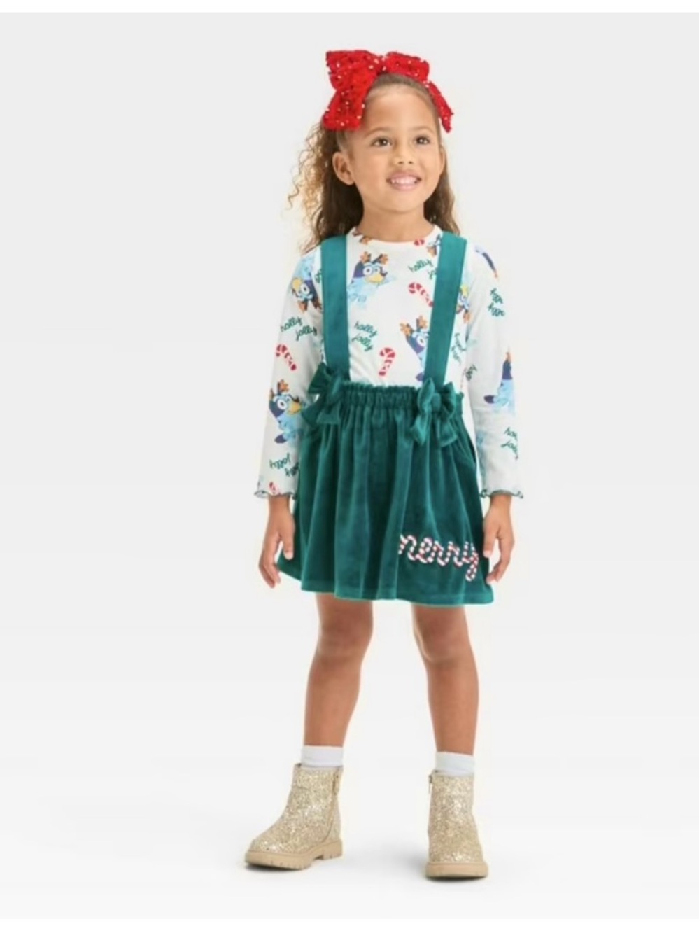 NWT Bluey Christmas Emerald Green Velvet Suspender Bows Skirt/Top Size 18 Month